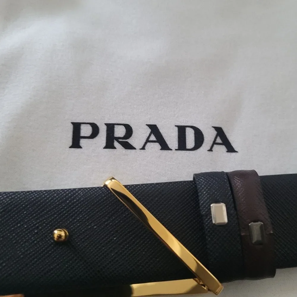 Prada Reversible Black/Brown Leather Belt with Gold Logo. Size 42
